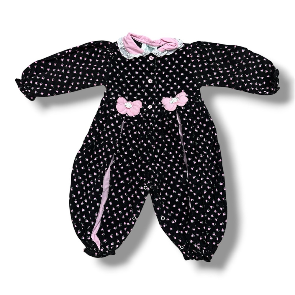 Vintage Tiny Tots Black & Pink Floral Corduroy Jumpsuit Baby Girl Size 18 Months